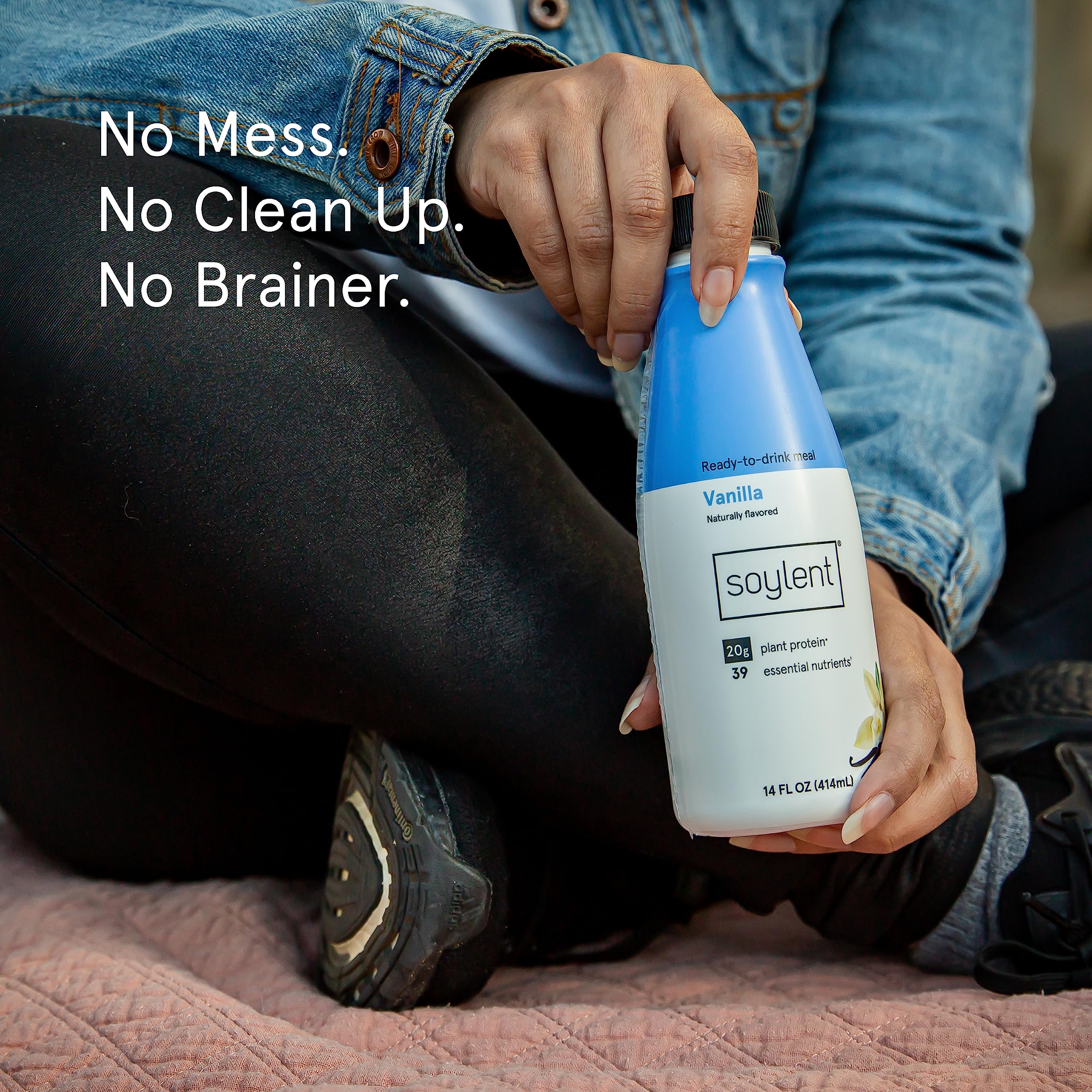 Soylent Vanilla bottle on a kitchen counter for easy everyday nutrition.