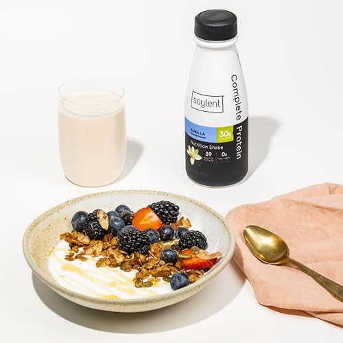 Pouring Soylent Vanilla Complete Protein to illustrate smooth texture
