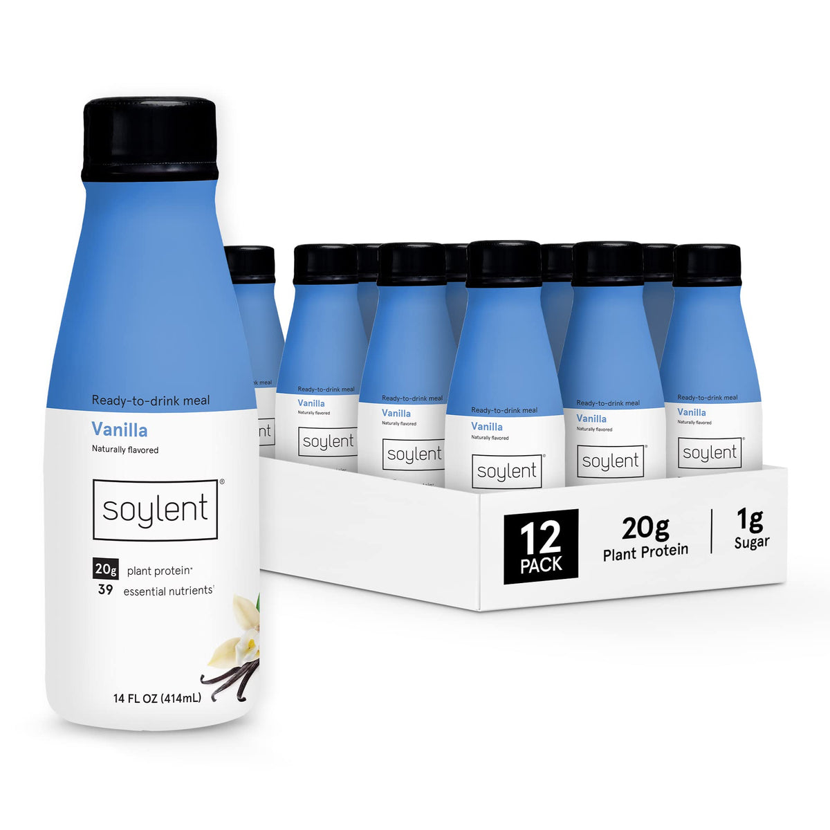 Soylent Vanilla meal replacement bottle showing creamy texture and protein boost.