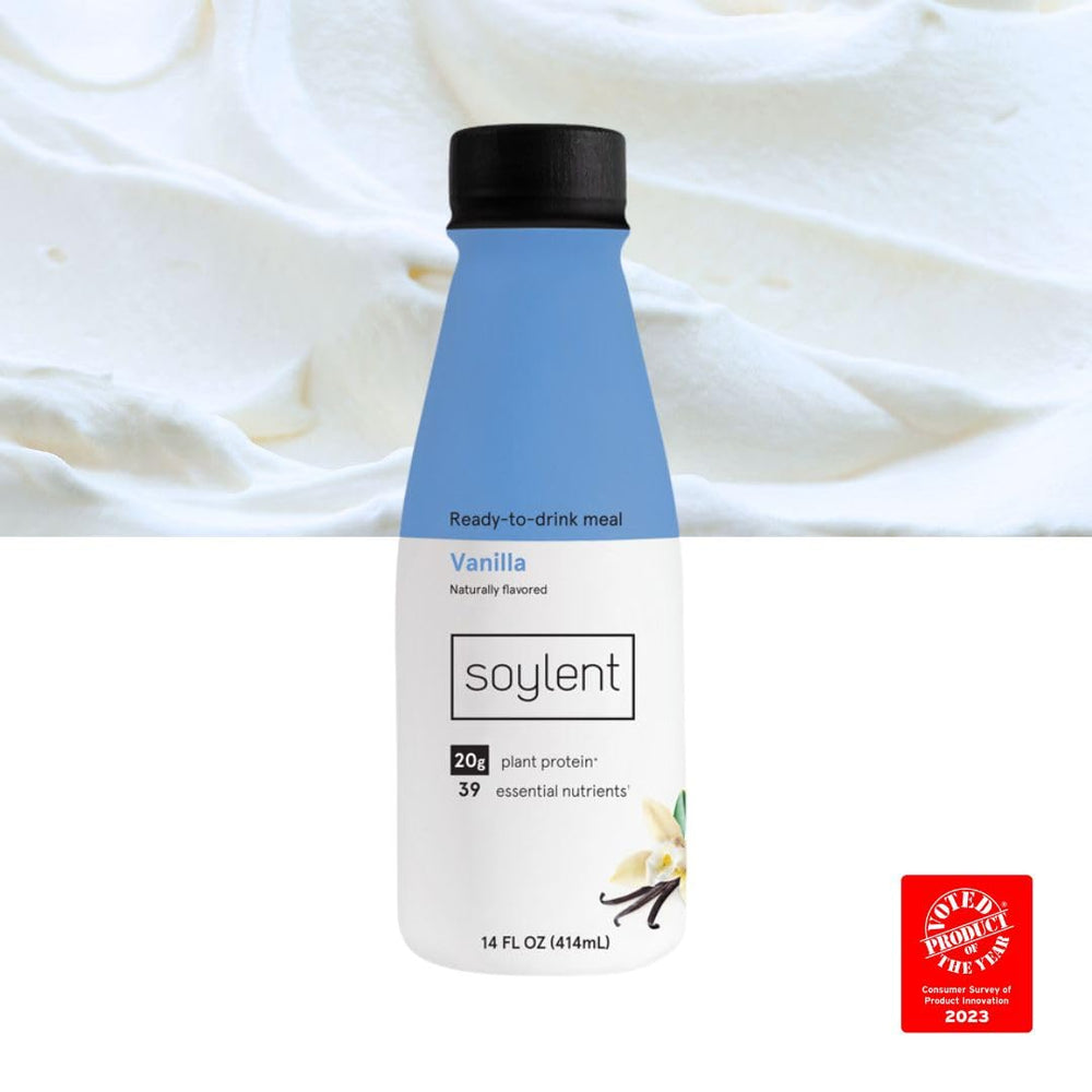 Soylent Vanilla nutrition shake label with vitamins and minerals highlighted.