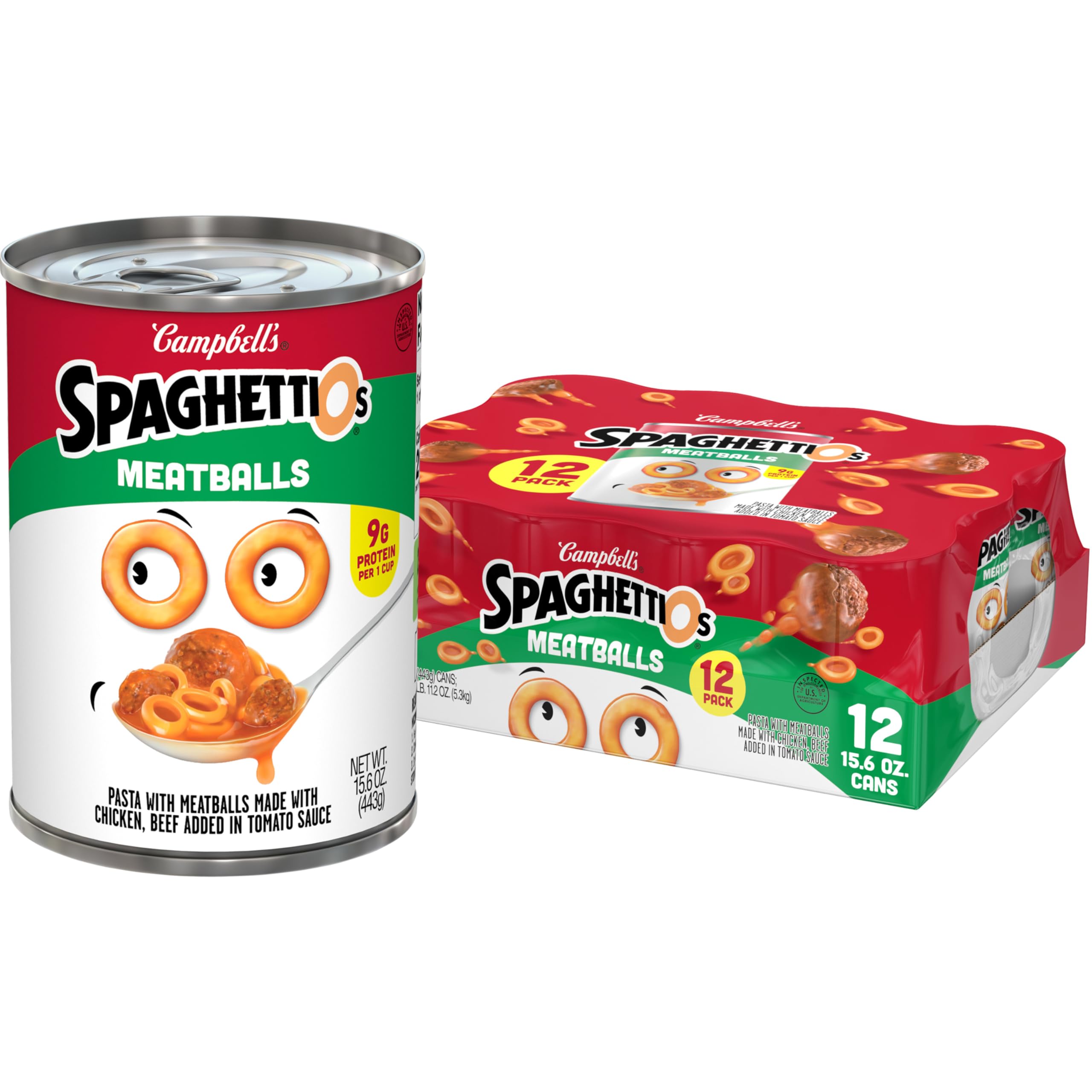 SpaghettiOs Meatballs cans on shelf, pantry-ready and kid-friendly.