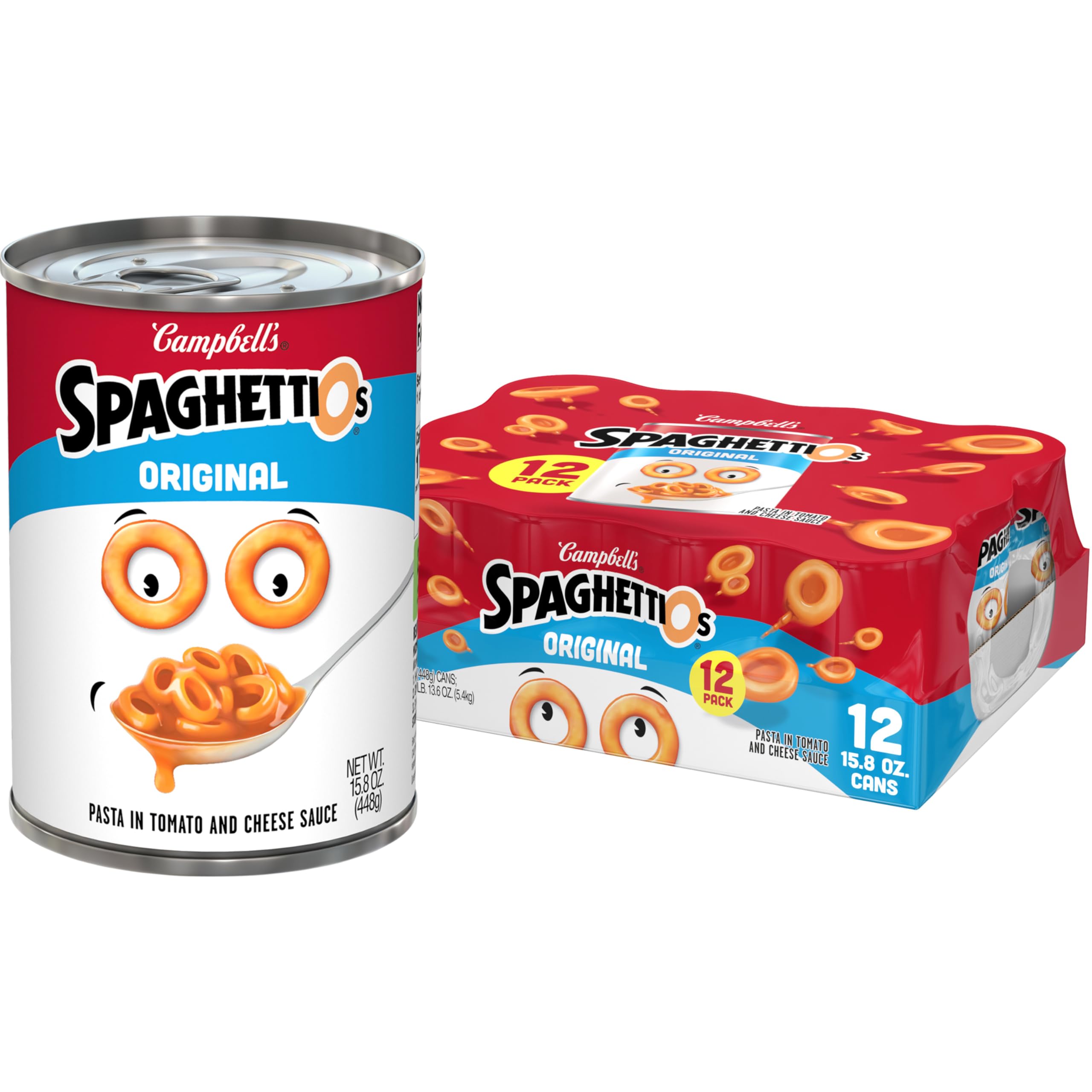 SpaghettiOs Original 12-pack can close-up, ideal for quick family meals.