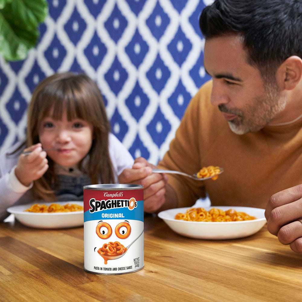 SpaghettiOs Original pantry can on shelf, ready for quick snacks.