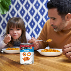 SpaghettiOs Original pantry can on shelf, ready for quick snacks.