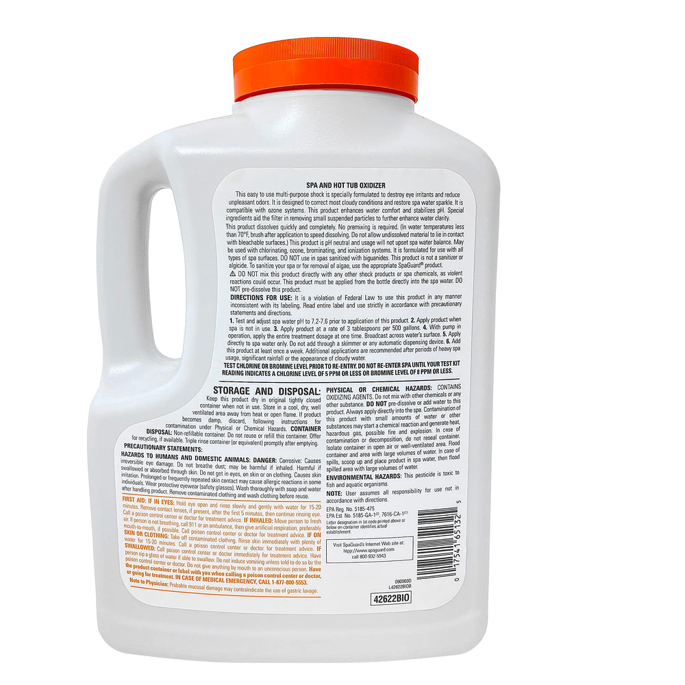 SpaGuard Enhanced Spa Shock 6lb container close-up highlighting multi-function formula for sparkling spa water