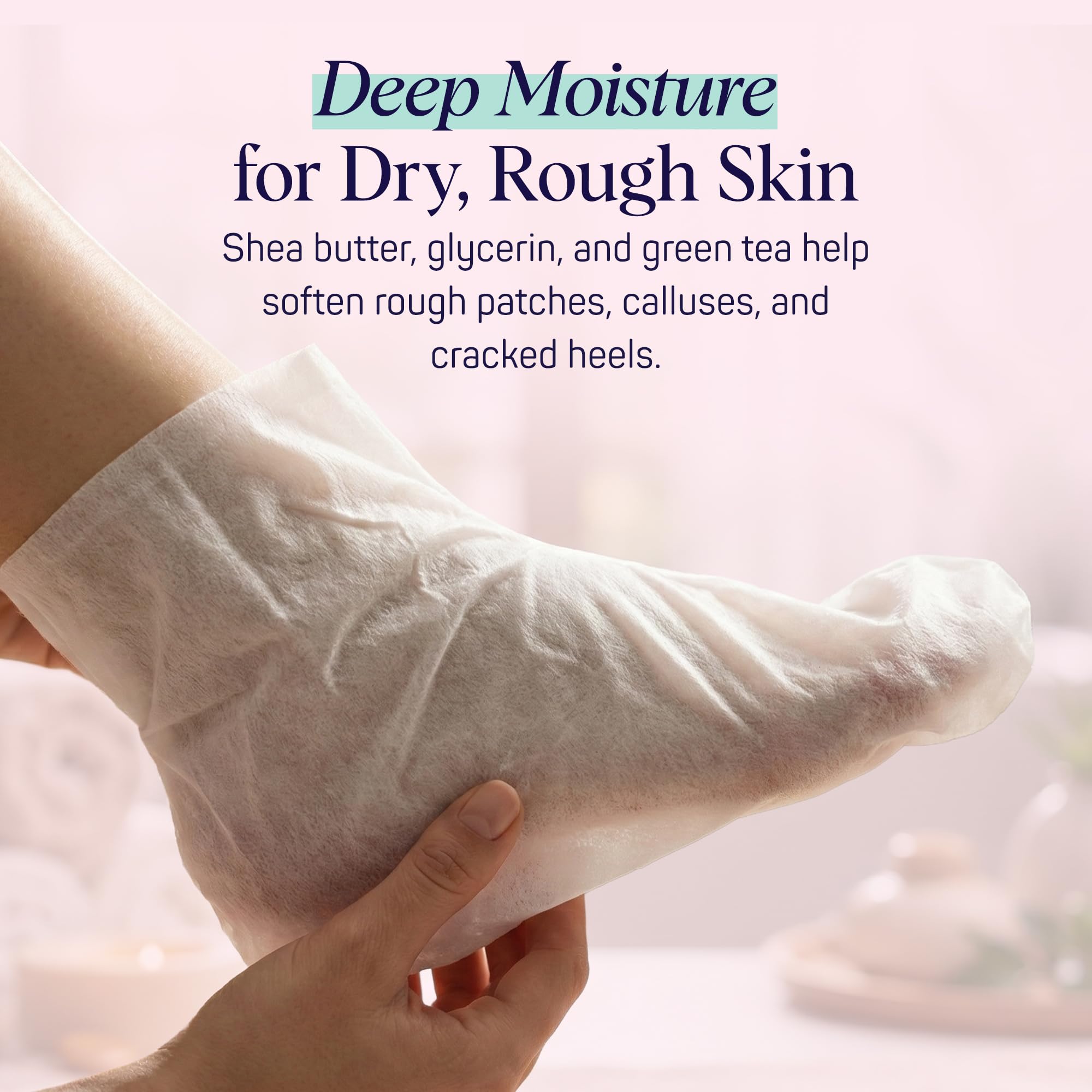 Shea butter, Cica, and Vitamin E nourish SpaLife foot socks.