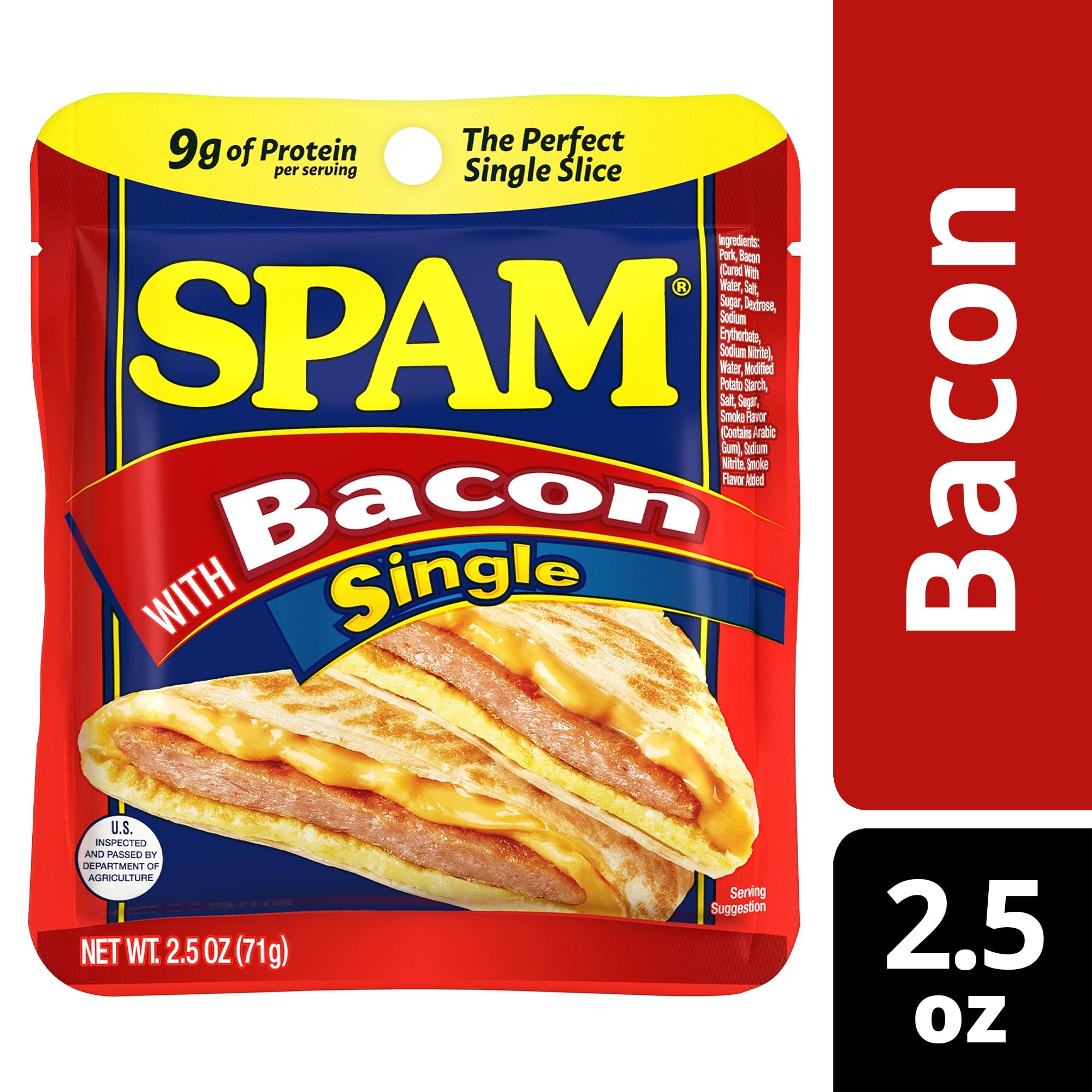 Sizzling SPAM bacon on pan releasing savory aroma.