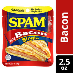 Sizzling SPAM bacon on pan releasing savory aroma.