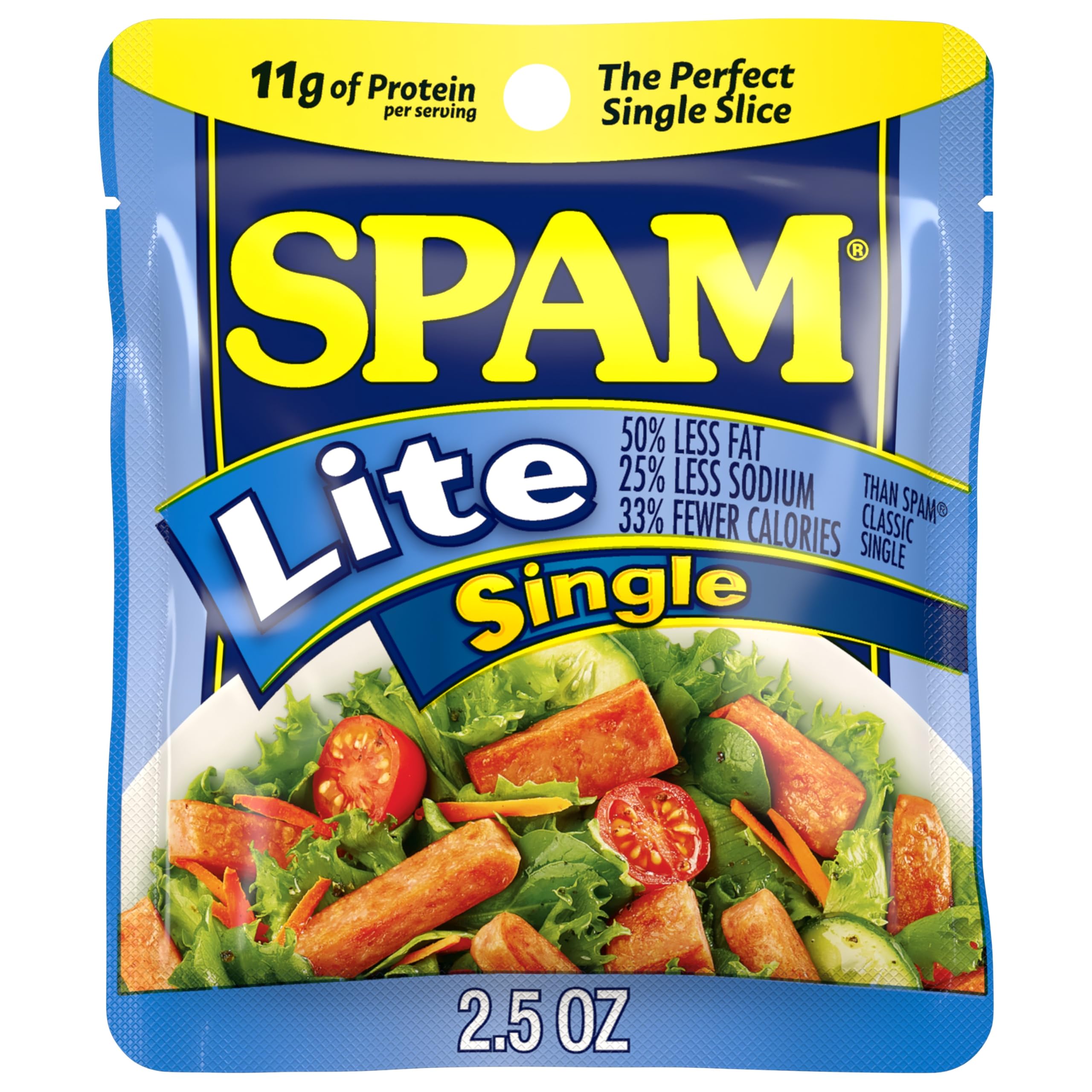 SPAM Lite Singles opened pouch ready for quick breakfast or snack.