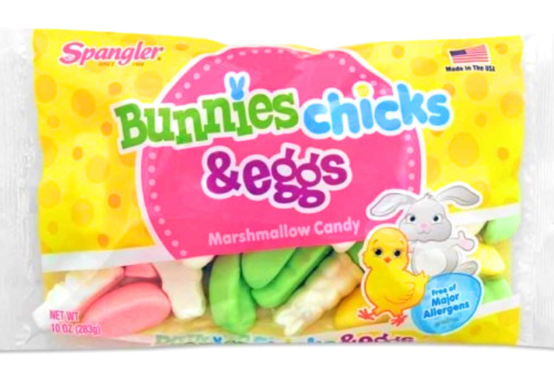 Close-up of colorful Spangler bunny, chick and egg shapes