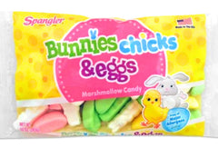 Close-up of colorful Spangler bunny, chick and egg shapes