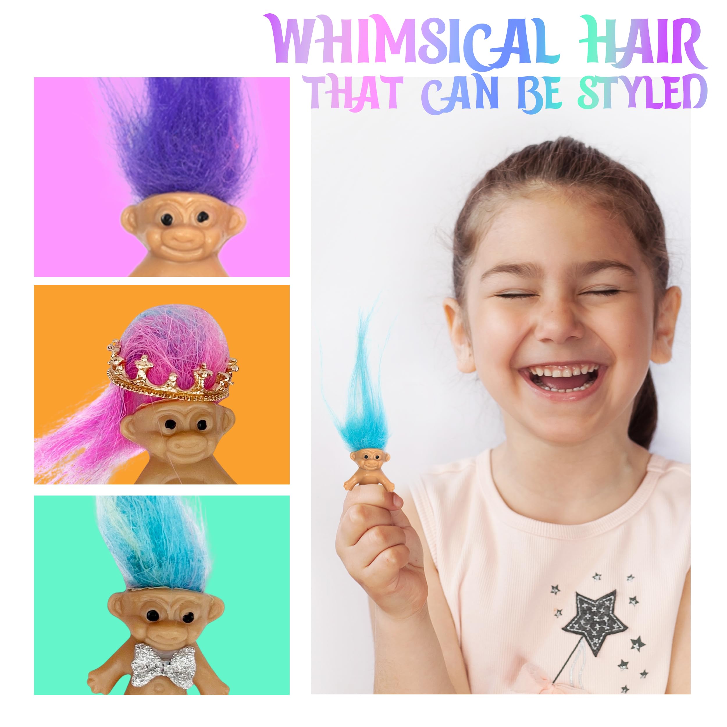 Sparkle Pins long-haired trolls with colorful manes for styling play.