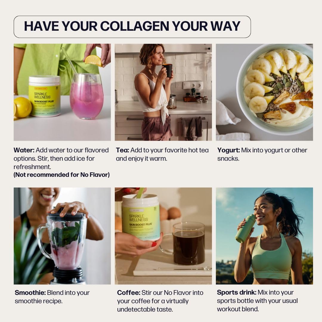 Sparkle Wellness VERISOL collagen powder jar with scoop supporting elasticity goals.