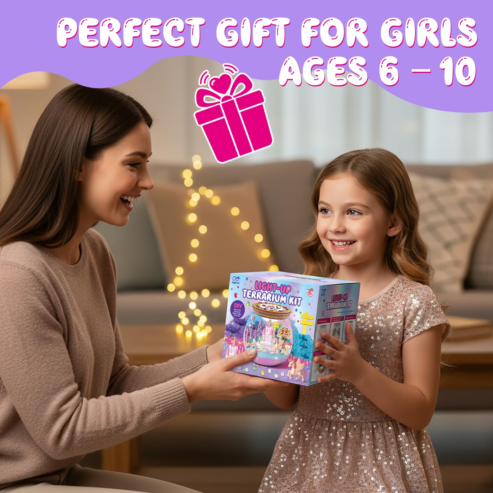SparkleMe Unicorn Terrarium Kit LED light feature brightens night-time storytelling.