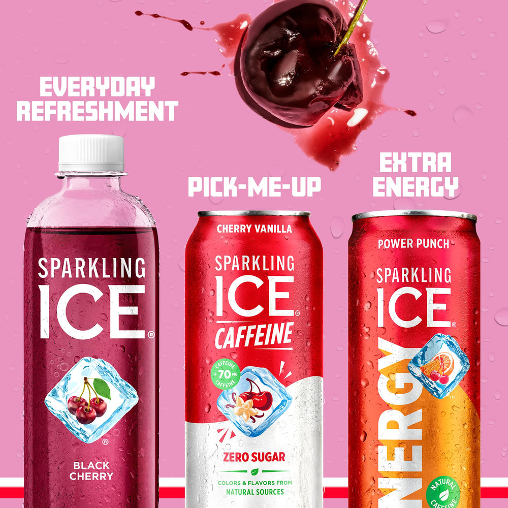 Sparkling Ice Caffeine Cherry Vanilla can with glass suggests on-the-go serving