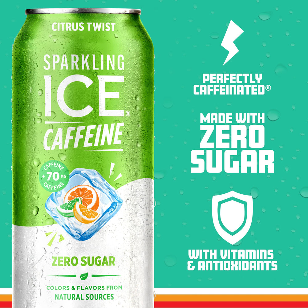 Sparkling Ice Caffeine Citrus Twist label closeup showing zero sugar and vitamin content