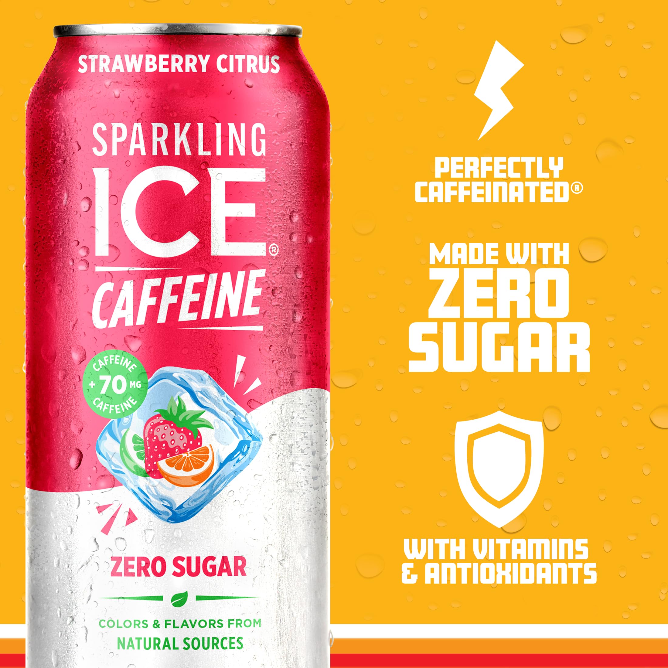 Sparkling Ice caffeine strawberry citrus glass showcases a refreshing sugar free option