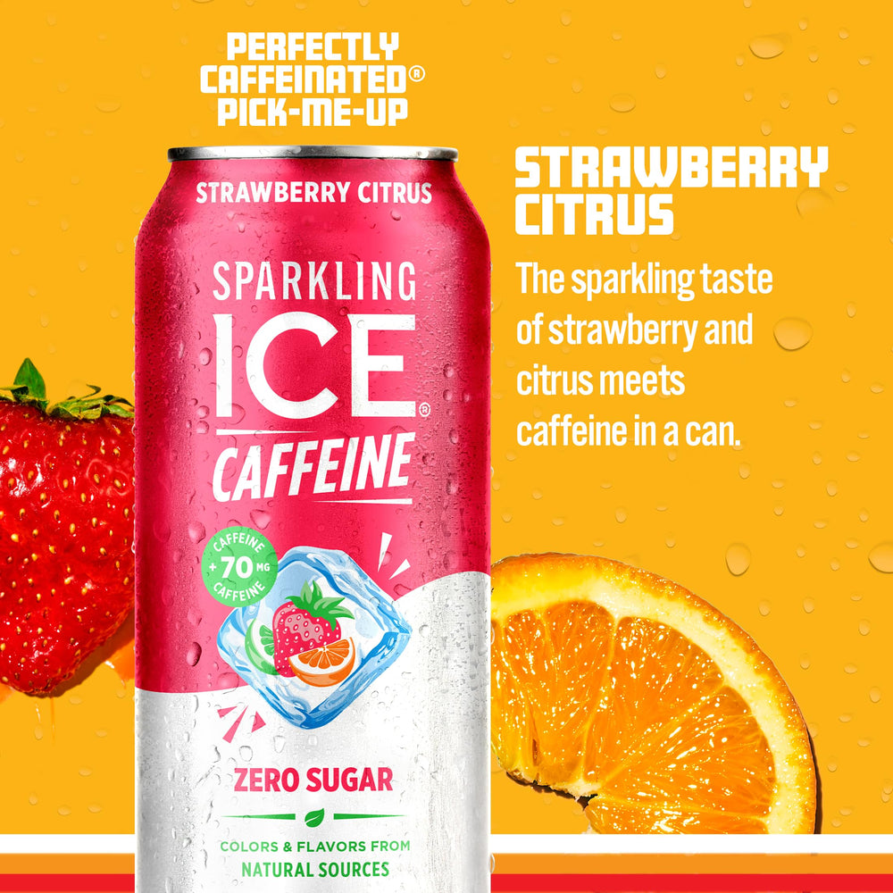 Sparkling Ice caffeine strawberry citrus can label highlights zero sugar and vitamins