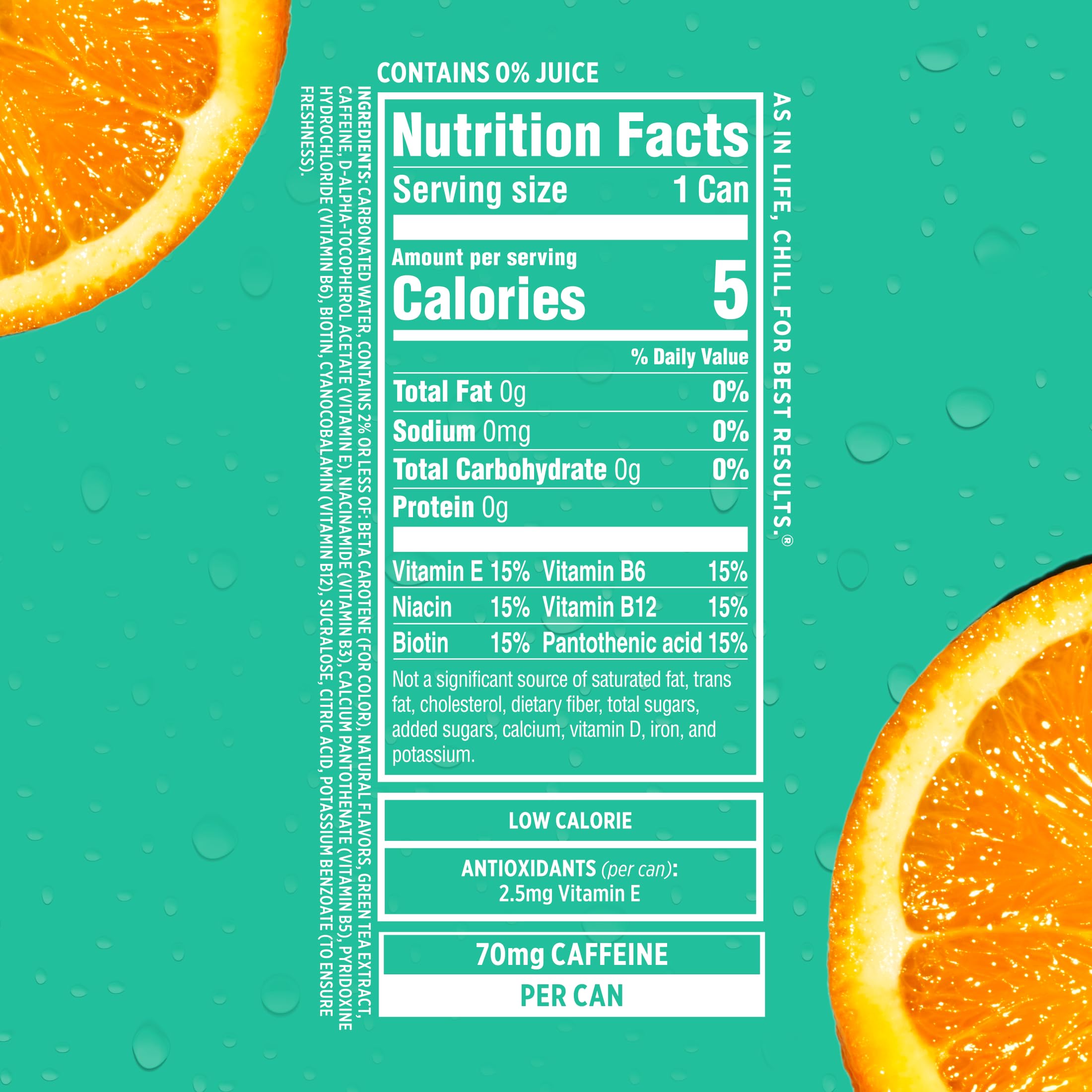 Sparkling Ice Caffeine Tropical Punch can back view shows nutrition and zero sugar.