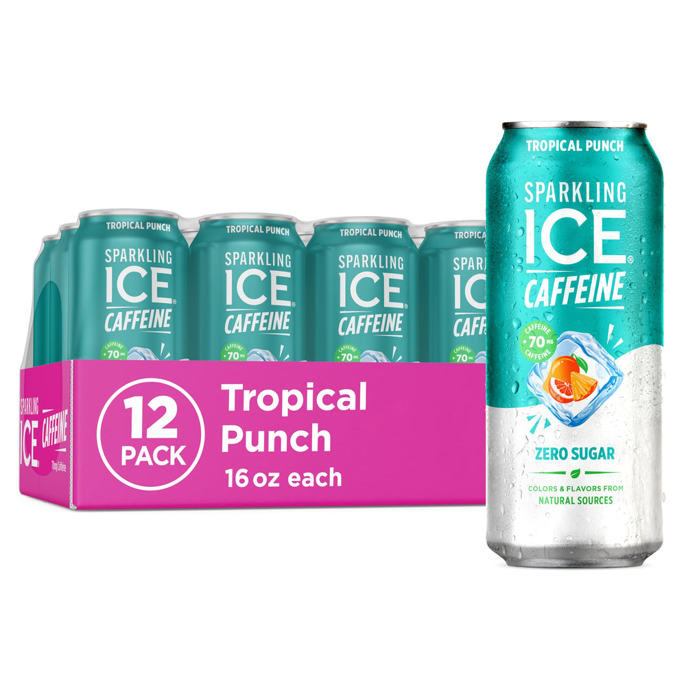 Sparkling Ice Caffeine Tropical Punch can front view with refreshing energy boost.