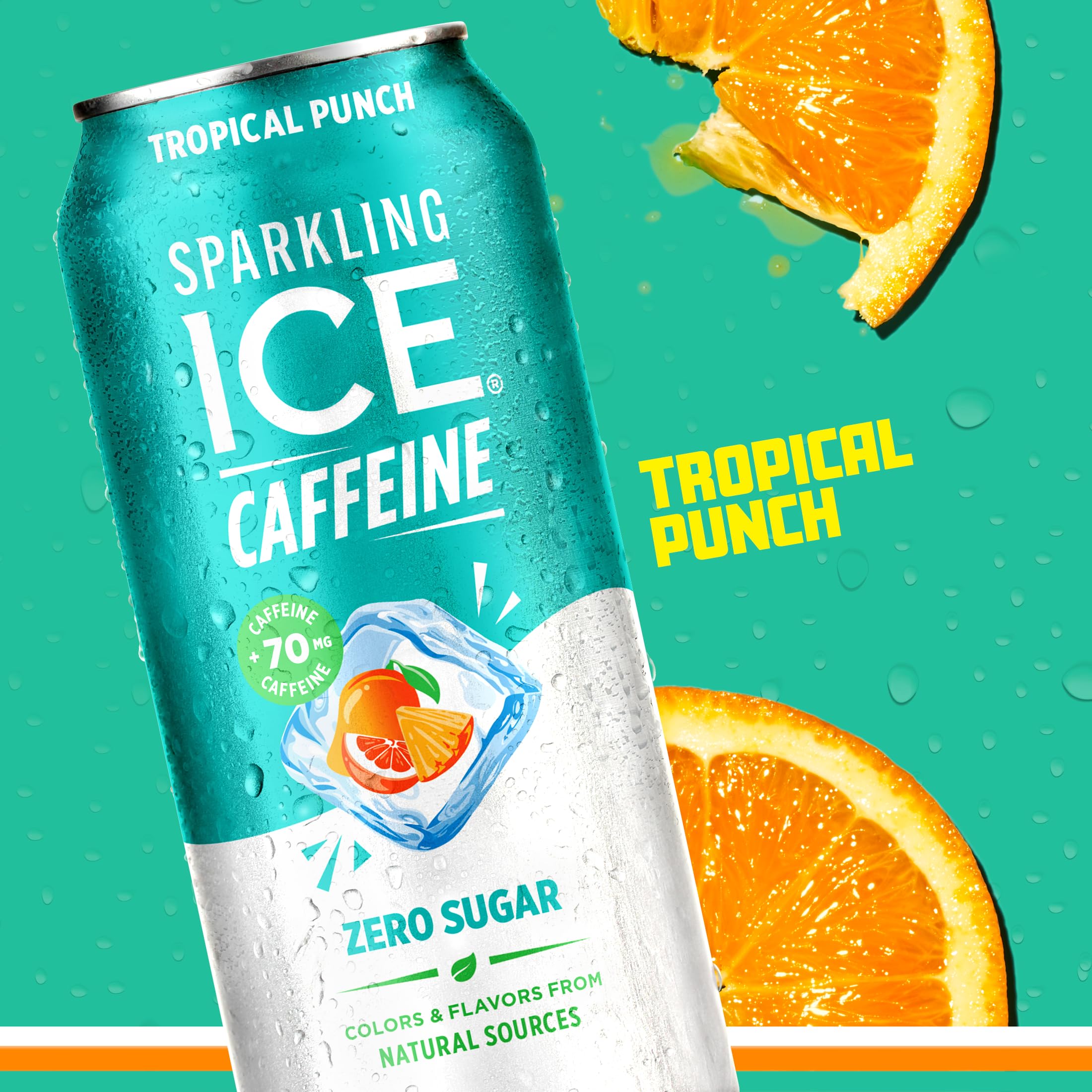 Sparkling Ice Caffeine Tropical Punch fridge-ready can rests on shelf.