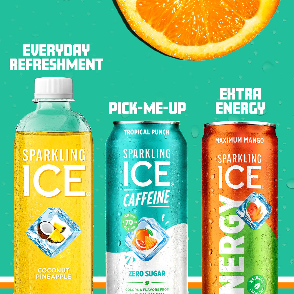 Sparkling Ice Caffeine Tropical Punch glass with bubbles highlights flavor and fizz.