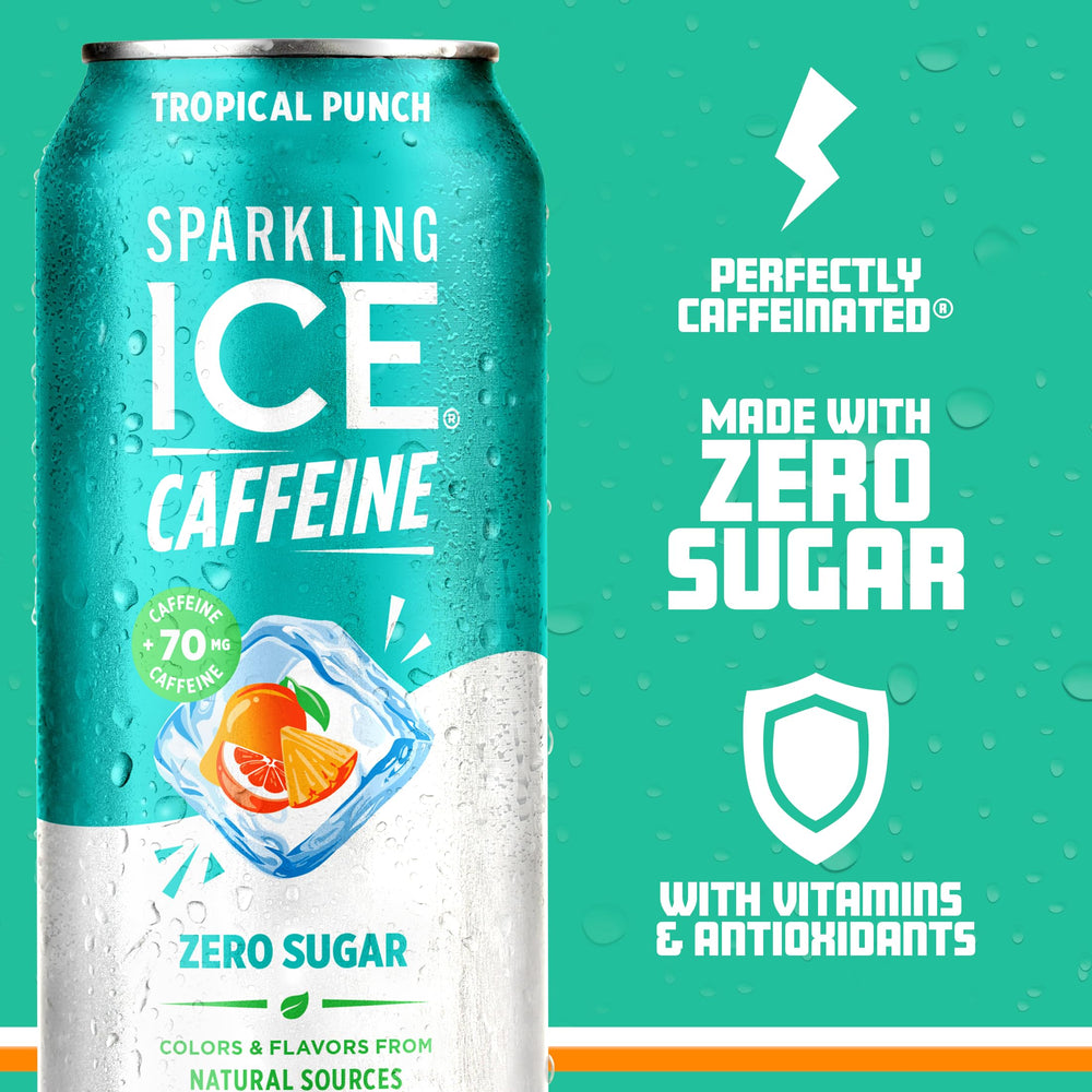 Sparkling Ice Caffeine Tropical Punch pack of 12 emphasizes value and convenience.