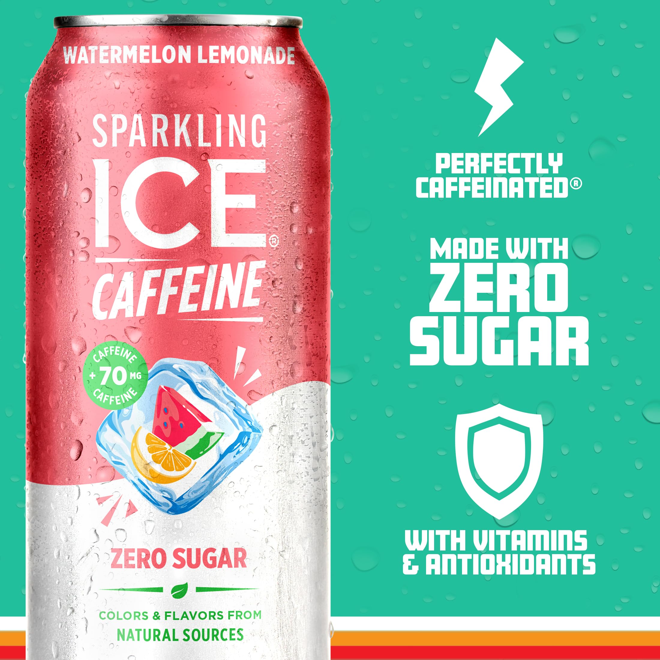 Sparkling Ice caffeine watermelon lemonade over ice in a tall glass for a cool sip.