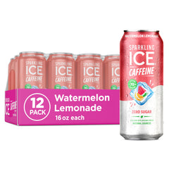 Sparkling Ice caffeine watermelon lemonade pack can showing bold flavor and zero sugar.