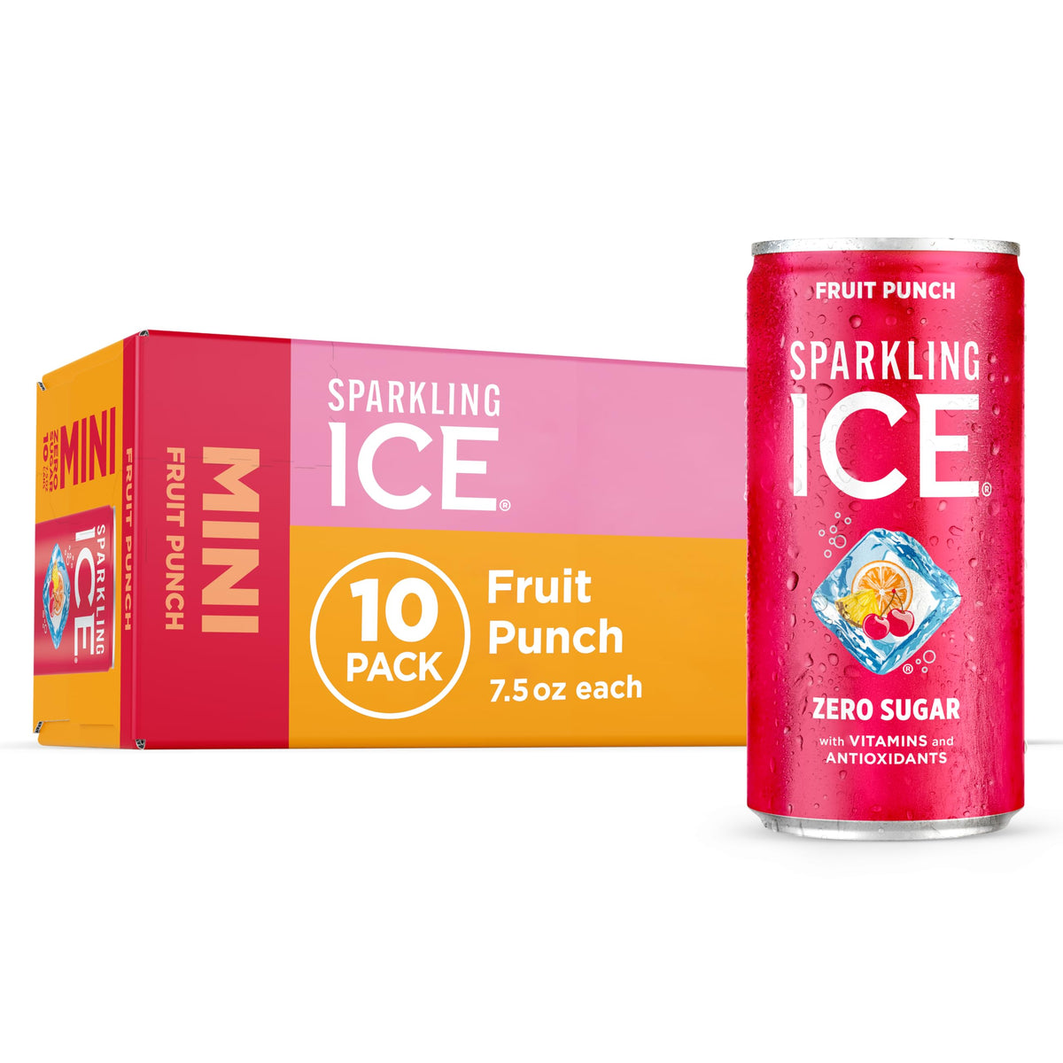 Sparkling Ice Fruit Punch can front view, zero sugar and vitamins highlighted.