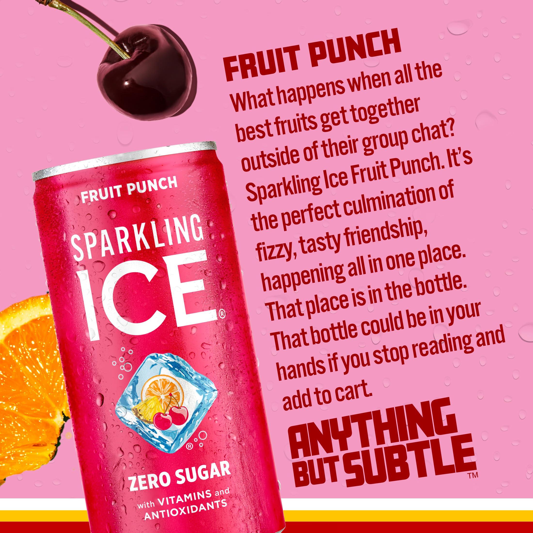 Sparkling Ice Fruit Punch can side view, low calorie refreshment option.