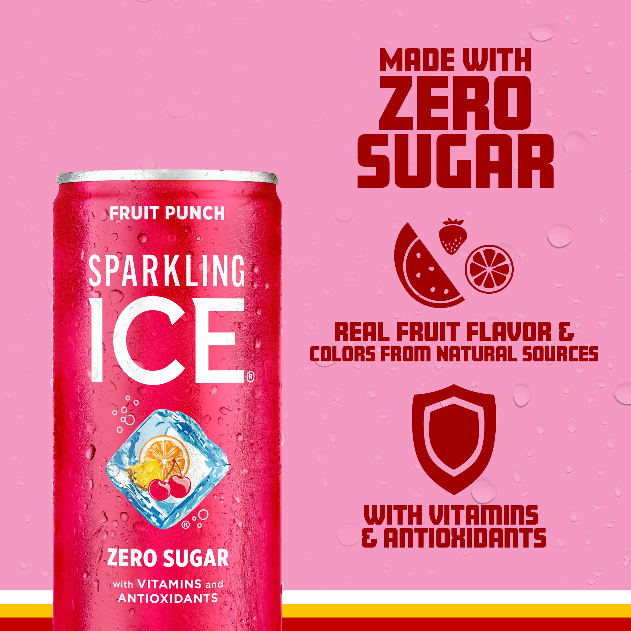 Sparkling Ice Fruit Punch glass pour, crisp flavor with antioxidants.