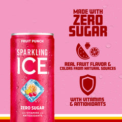 Sparkling Ice Fruit Punch glass pour, crisp flavor with antioxidants.