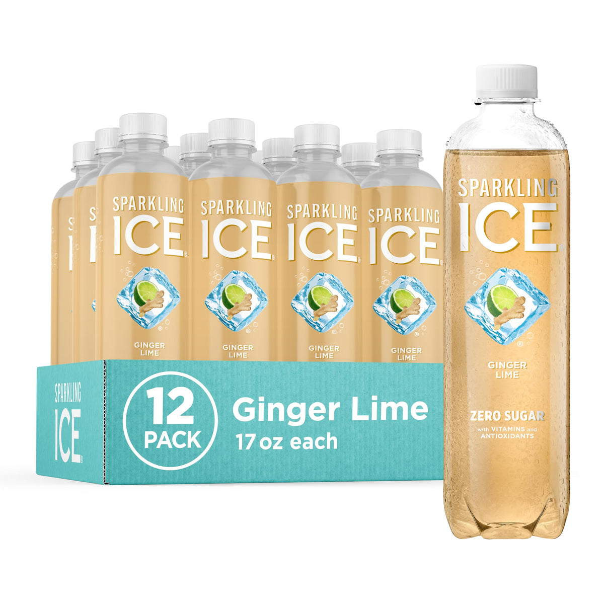 Sparkling Ice Ginger Lime bottle close-up showing zero sugar and bold flavor.