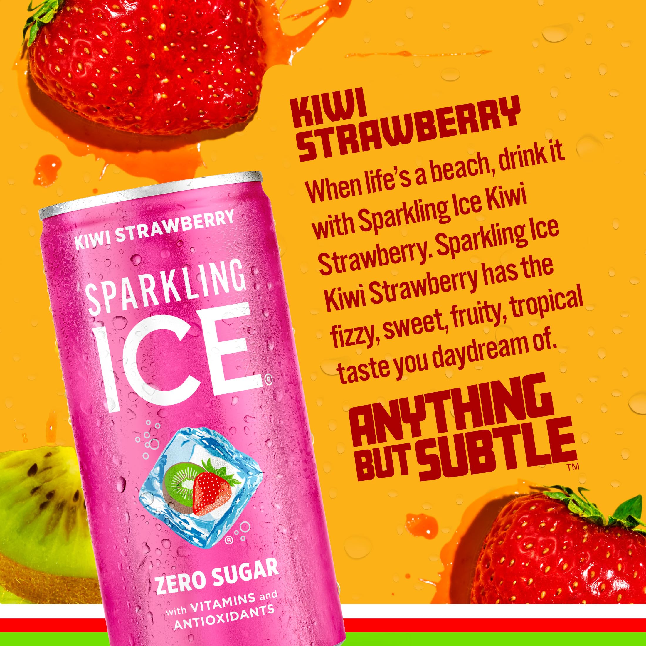 Sparkling Ice Kiwi Strawberry can front highlighting low calories and portability