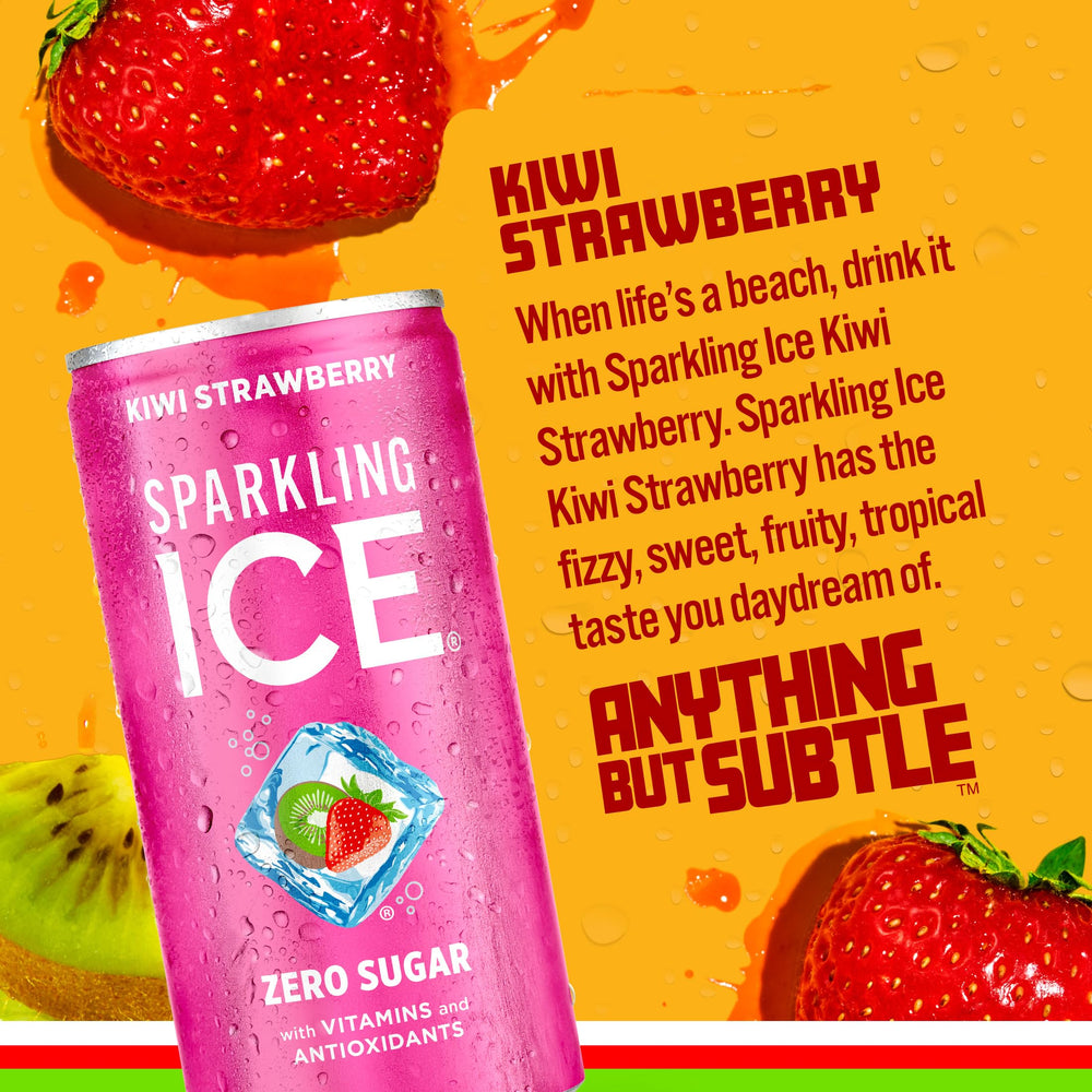 Sparkling Ice Kiwi Strawberry can front highlighting low calories and portability