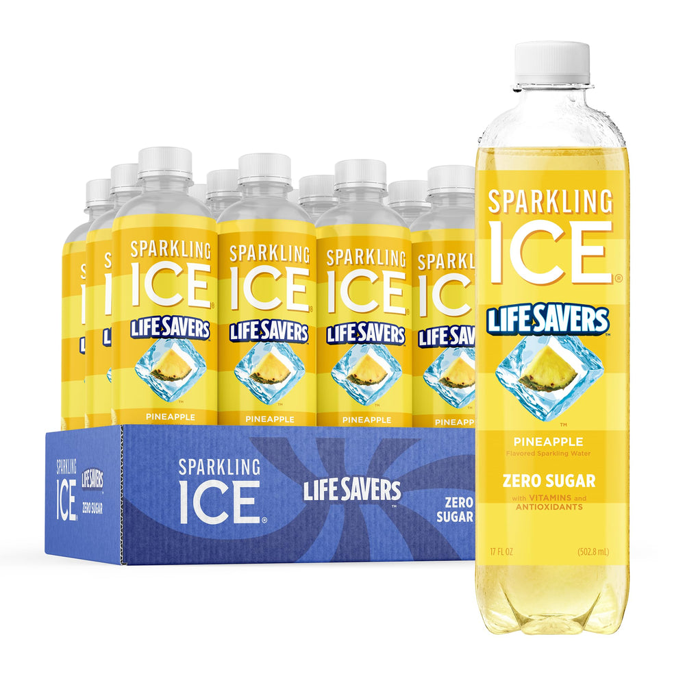 Sparkling Ice Lifesavers Pineapple bottle showing zero sugar and real fruit flavor.