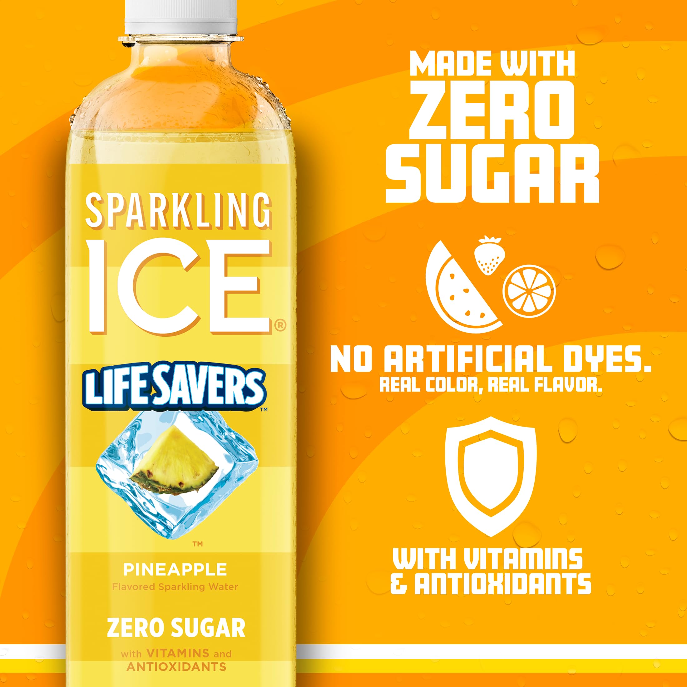 Glass of Sparkling Ice Lifesavers Pineapple with vibrant color and fizz.