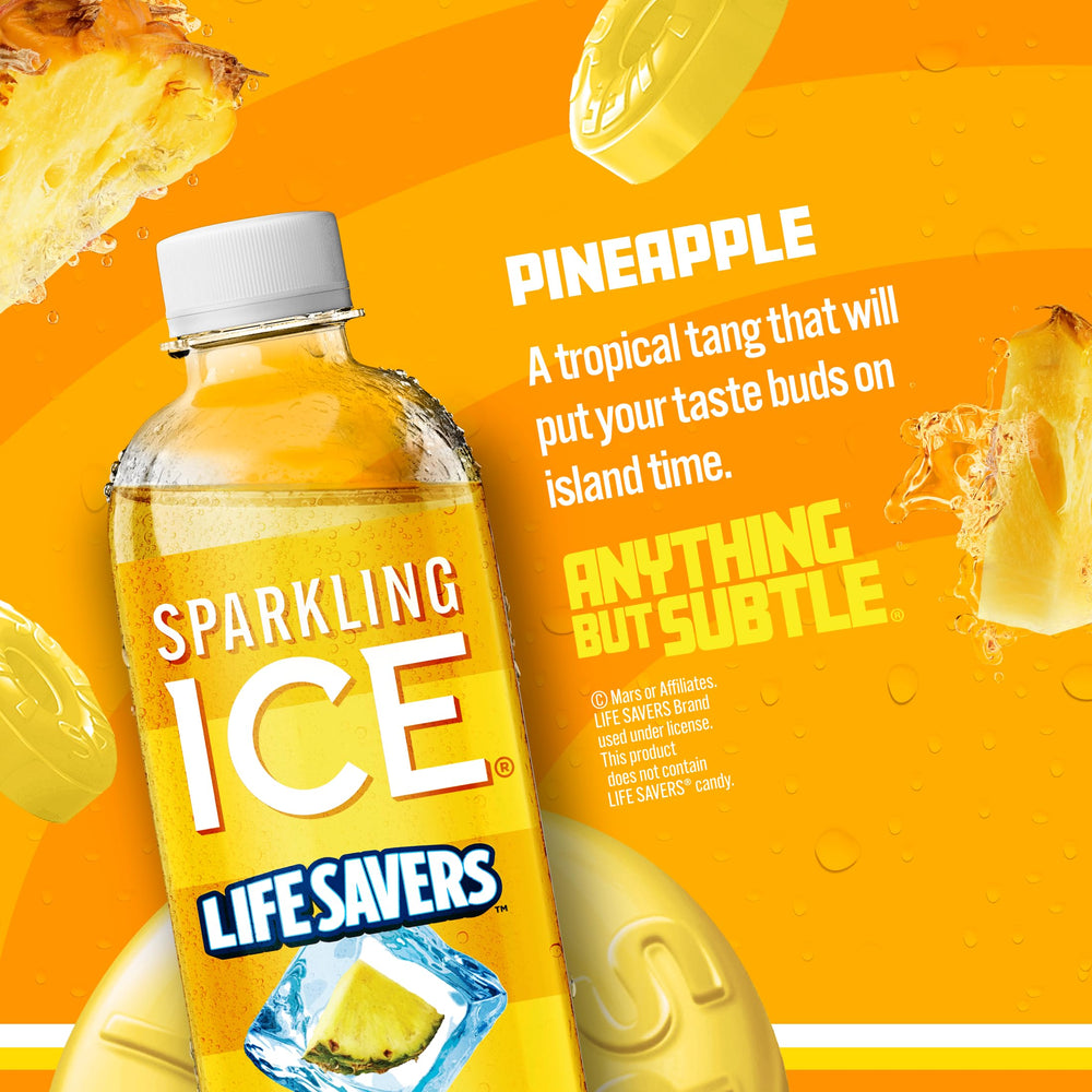 Close-up of Pineapple flavor label on Sparkling Ice Lifesavers bottle.