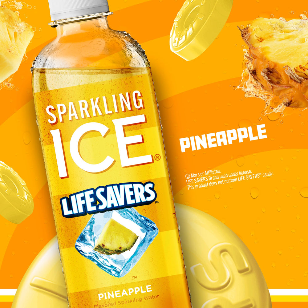 Sparkling Ice Lifesavers Pineapple with vitamin icons signaling added nutrients.