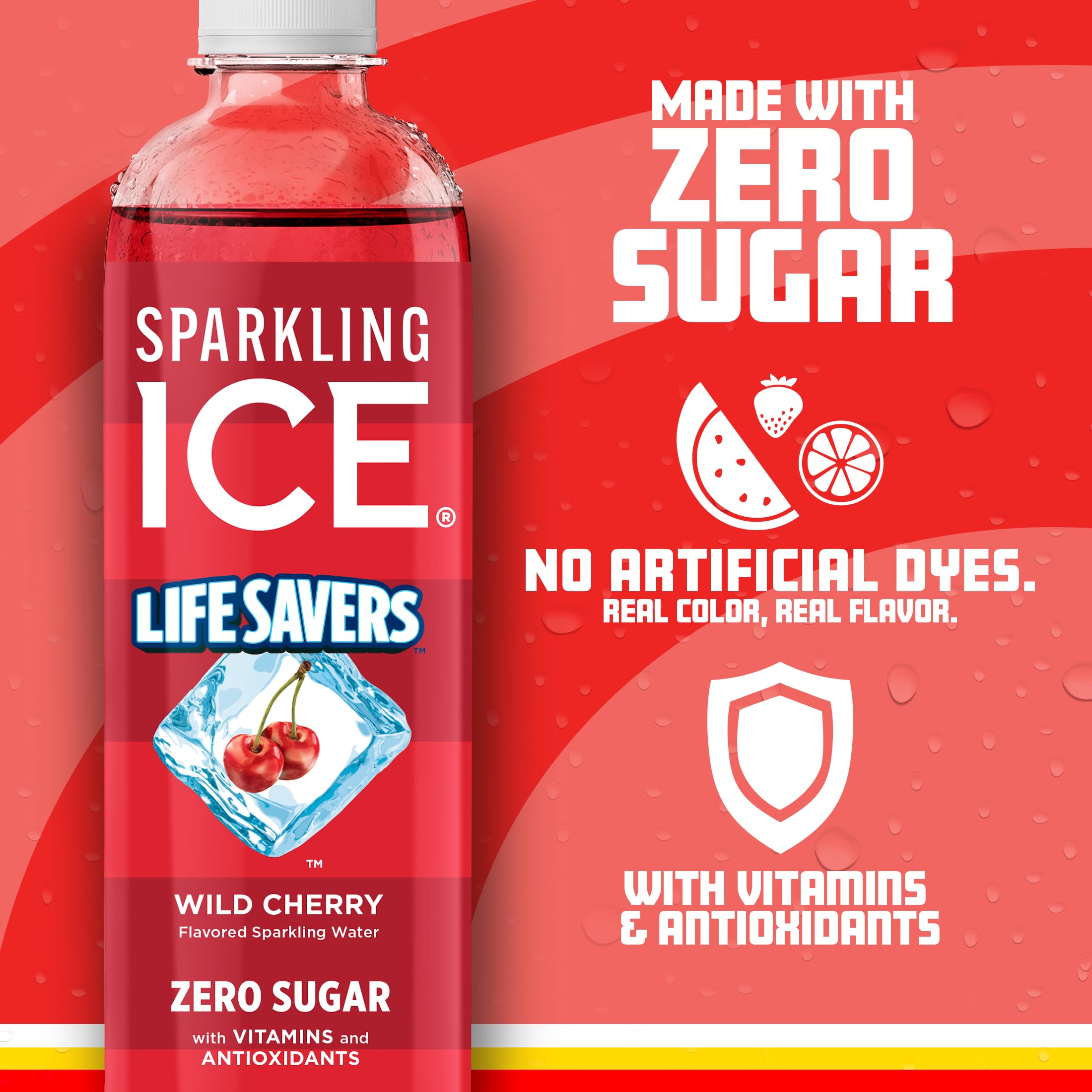 Sparkling Ice Lifesavers Wild Cherry served in a glass with ice
