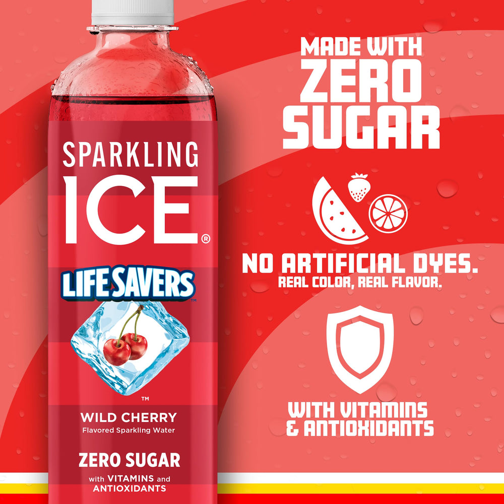Sparkling Ice Lifesavers Wild Cherry served in a glass with ice
