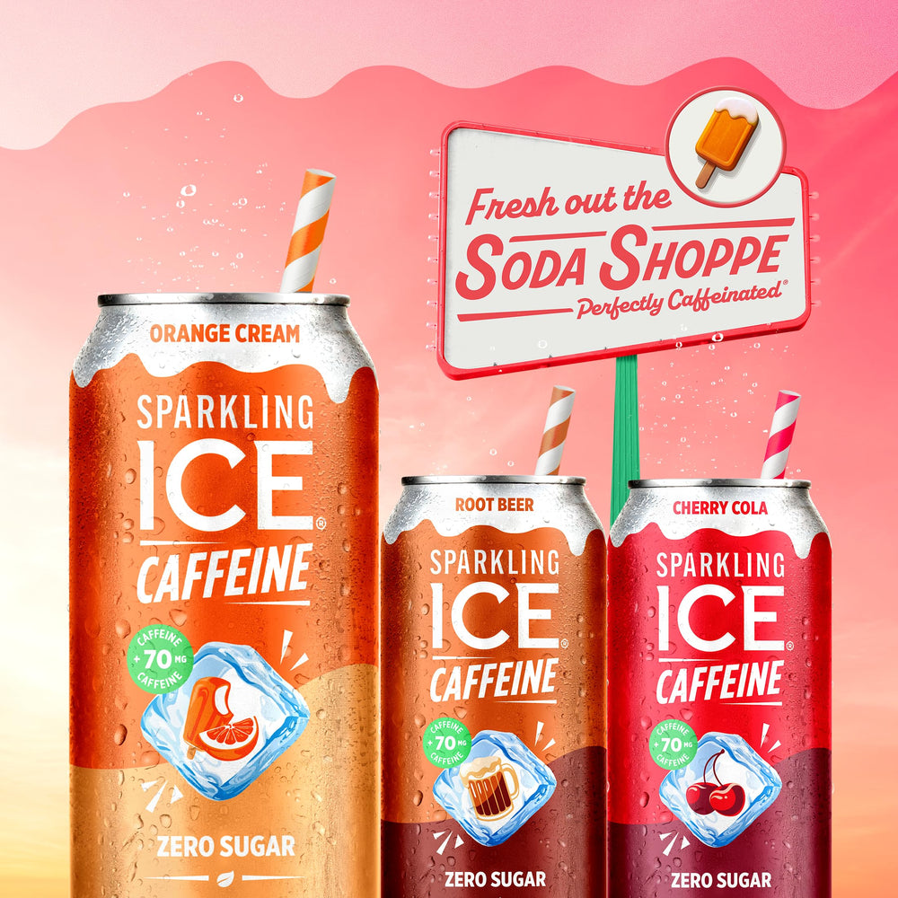Stacked Sparkling Ice Shoppe Orange Cream cans ready for the fridge.