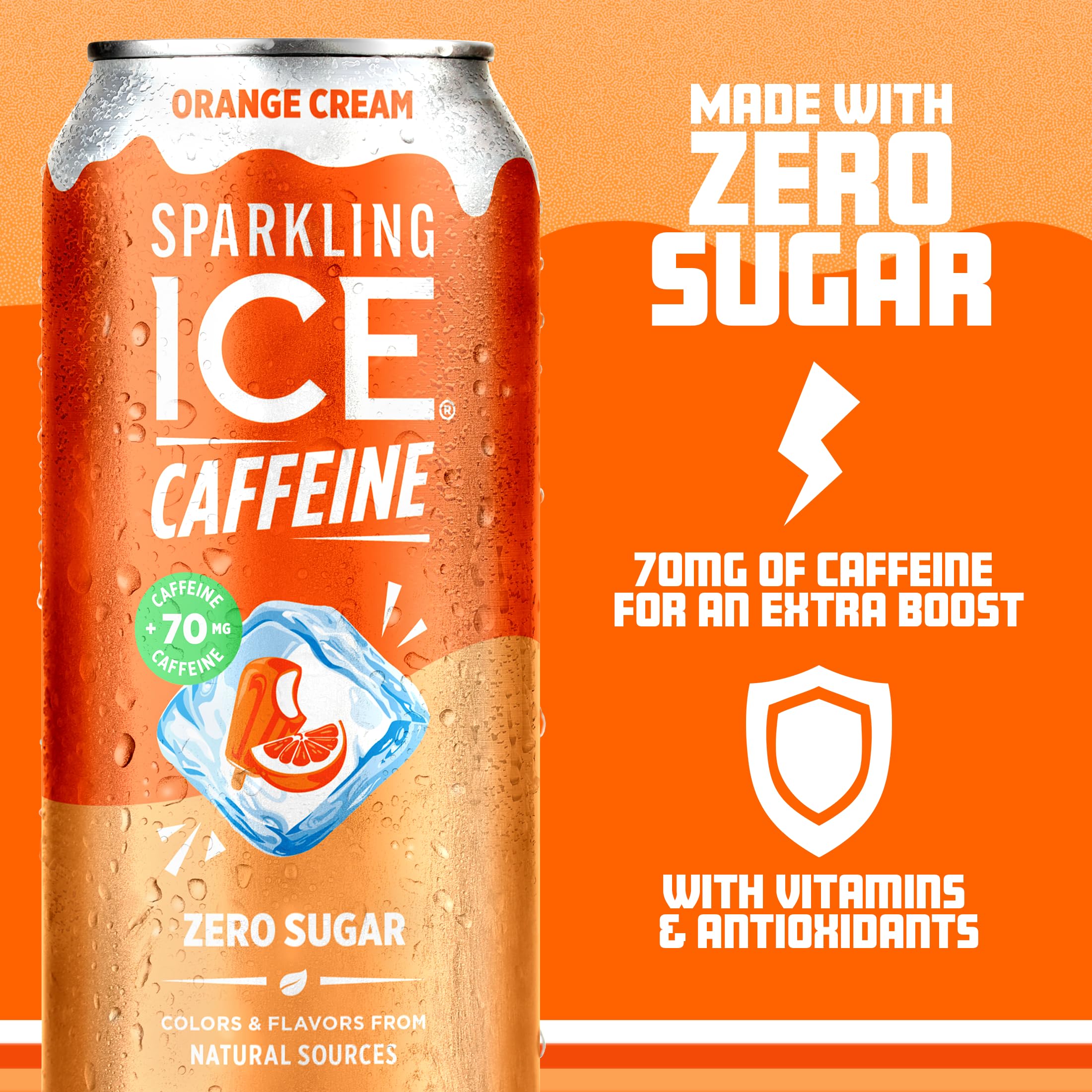Sparkling Ice Orange Cream ingredients panel highlights vitamins and antioxidants.