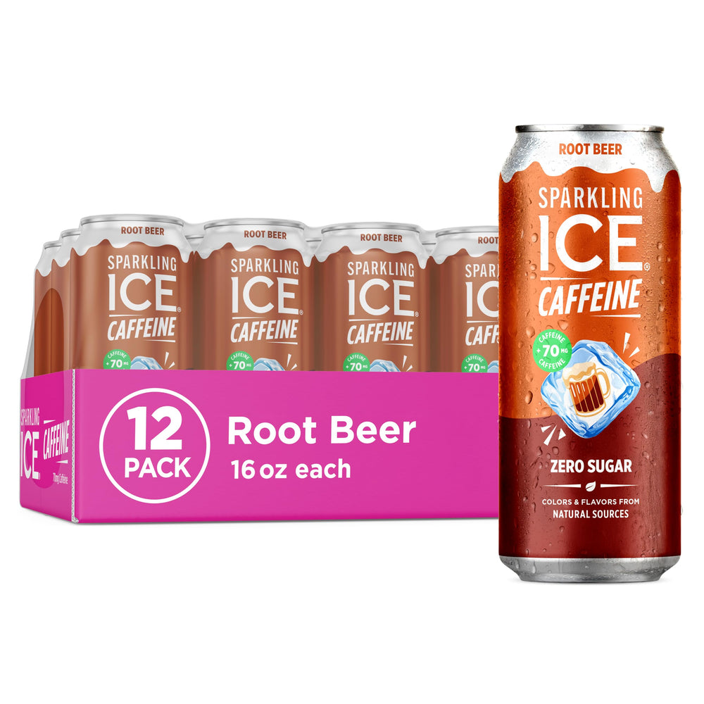 Sparkling Ice Shoppe Root Beer can close-up highlighting zero sugar and caffeine kick
