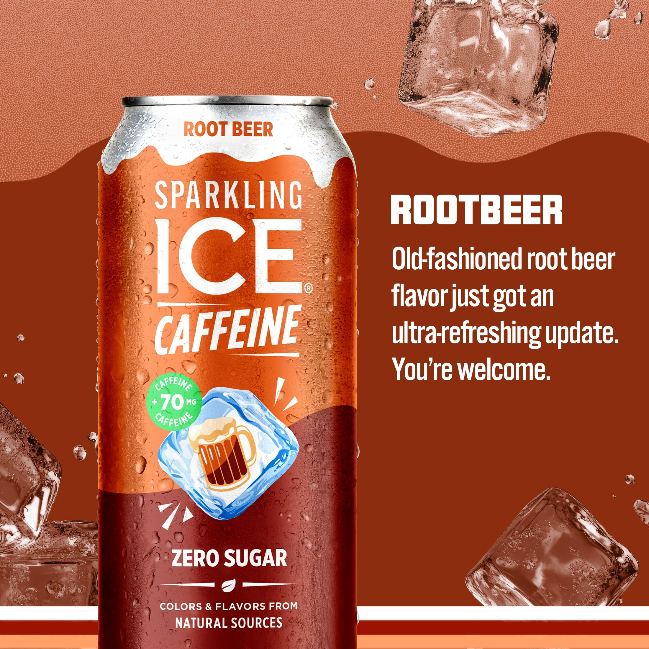 Front label of Sparkling Ice Shoppe Root Beer with natural colors