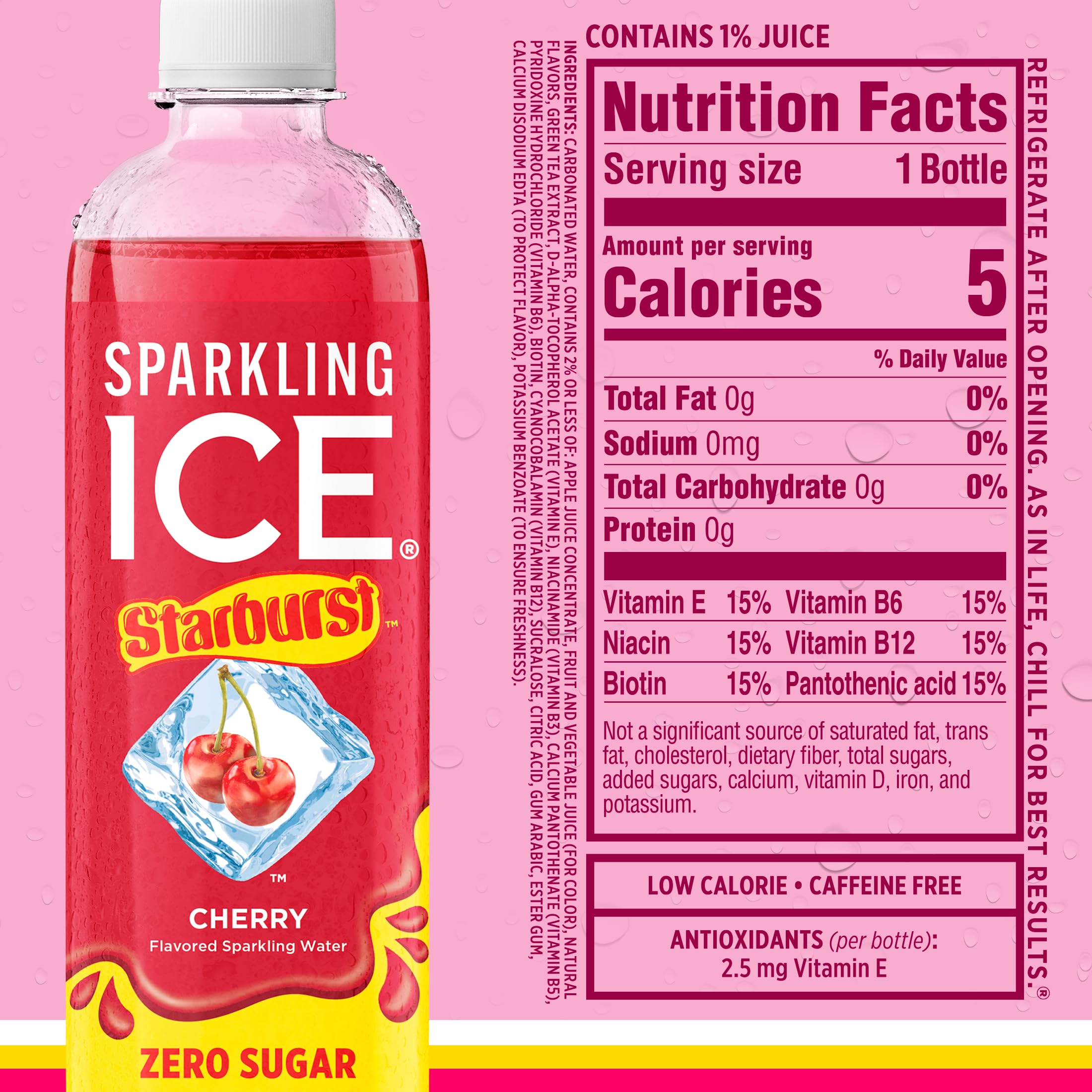 Sparkling Ice STARBURST with vitamins B6 and B12 for energy.