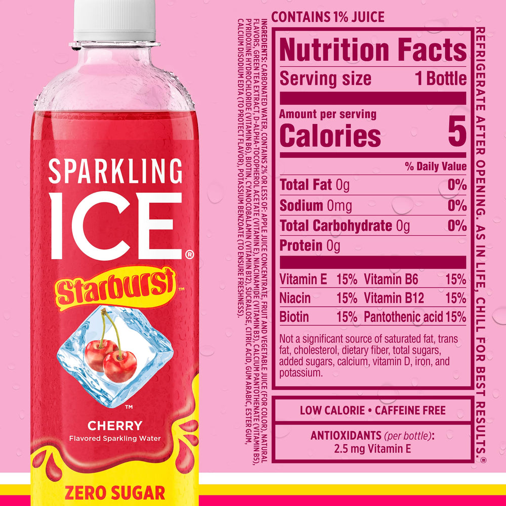 Sparkling Ice STARBURST with vitamins B6 and B12 for energy.