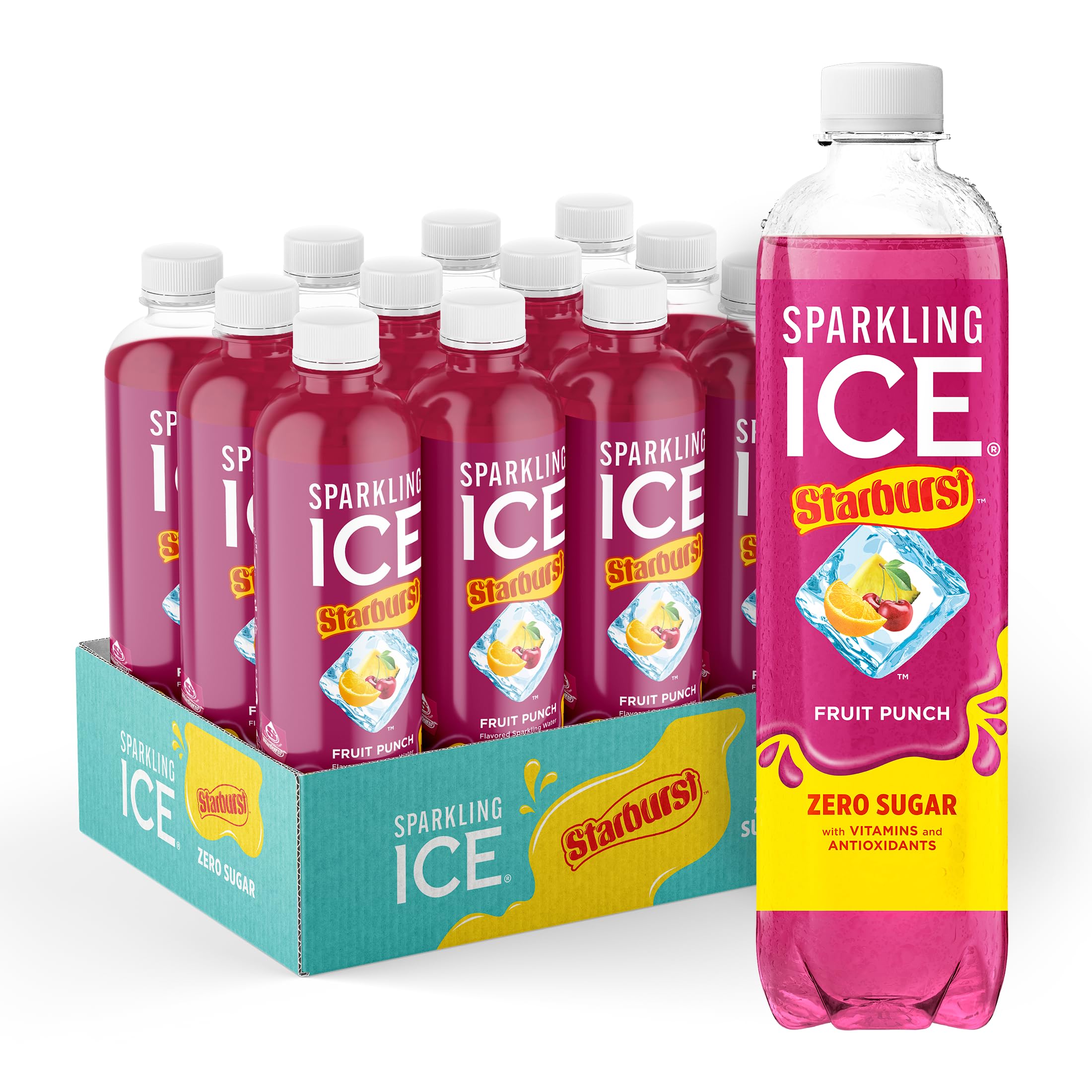 Sparkling Ice Starburst Fruit Punch bottle front showing vibrant color and zero sugar appeal.