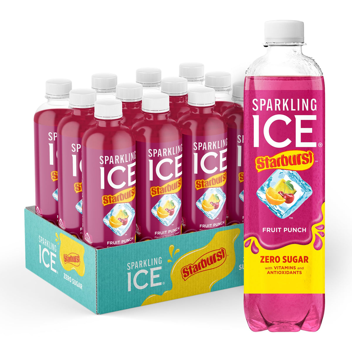 Sparkling Ice Starburst Fruit Punch bottle front showing vibrant color and zero sugar appeal.